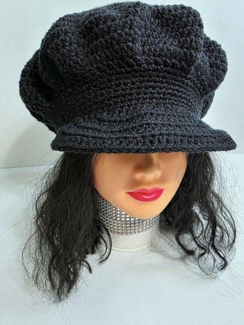 Black Crochet Newsboy Hat- New-One Size